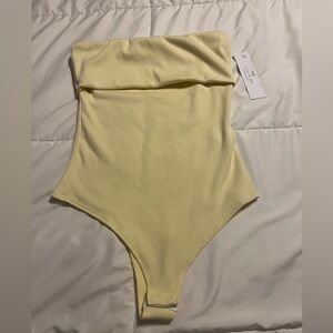 Yellow Ribbed Strapless Bodysuit